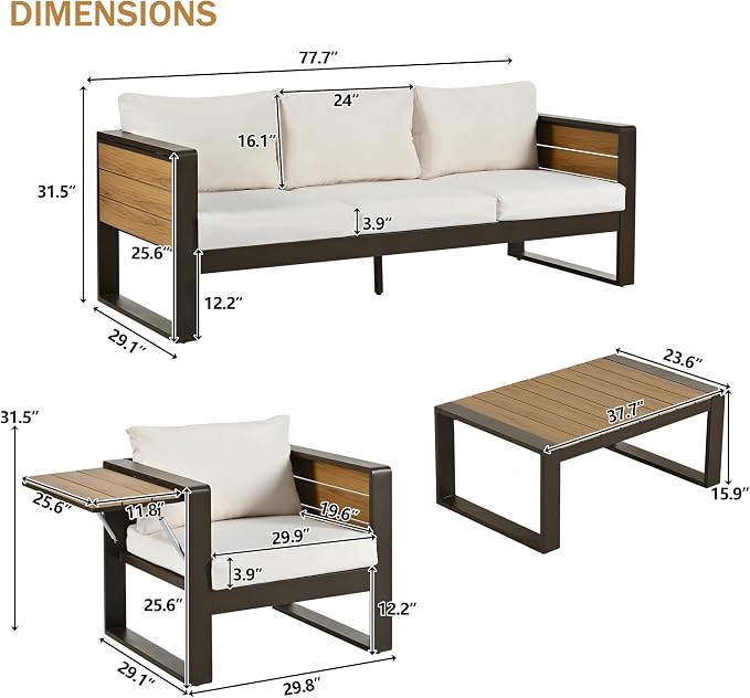 Merax Large 4-Piece Outdoor Patio Furniture Set for 5 Person, 3-Seater Sofa, 2 Armchairs with Fold-Out Side Tables, Aluminum Frame & Plastic-Wood, Modern Garden/Patio Seating, White Cushions
