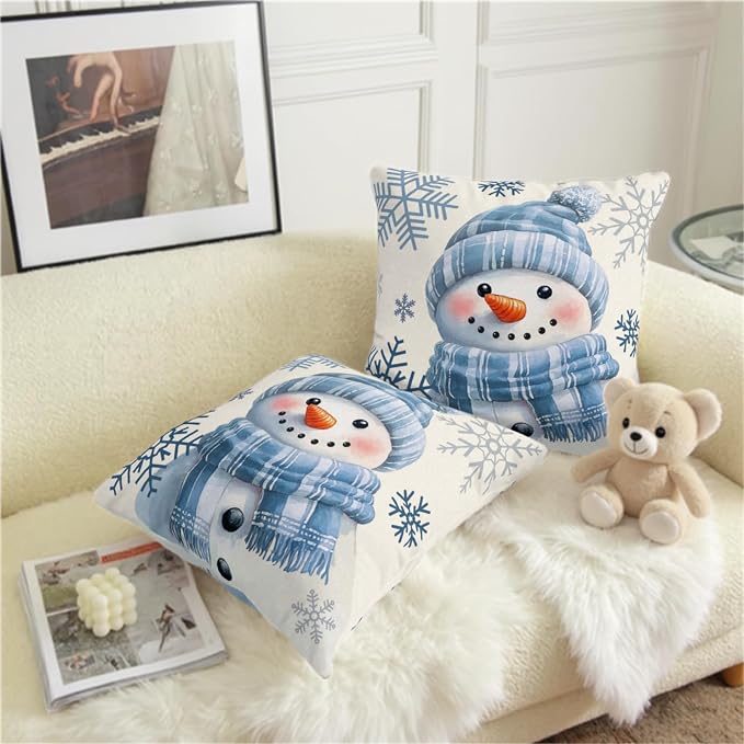 Lovely Blue Snowman Pillow Covers Winter Throw Pillow Case 16x16 Set of 2 Snowflakes Pillowcase Holiday Cushion Case for Living Room Bedroom Couch Sofa