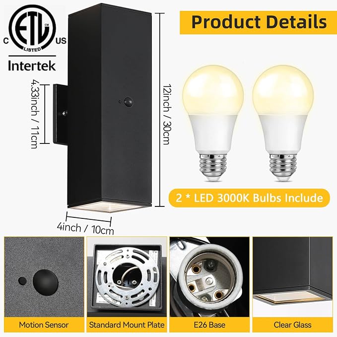 SHIMR Motion Sensor Outdoor Wall Lights, Up and Down Sconce, ETL Listed | Dusk to Dawn Outdoor Lighting, Black Waterproof Aluminum Exterior Light Fixture for Porch Garage Patio, LED Bulbs Included