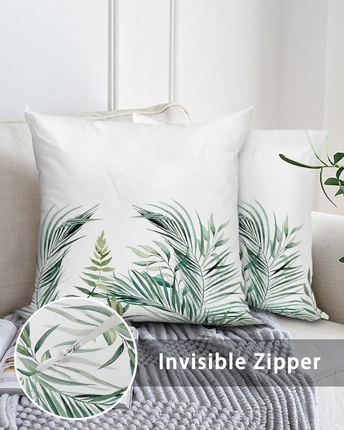 Outdoor Waterproof Throw Pillows Tropical Palm Leaves White Patio Pillows Pack of 2,Decorative Pillow Covers with Insert,Pillow Cushion Case for Garden Couch Sofa Pastoral Green Leaf Plant