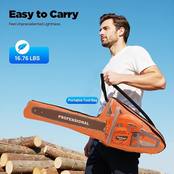 Gas Chainsaw, 22 Inch 60CC Gasoline Power Chain Saws, 2.8KW 2-Stroke Self-Reset Pull Start Top Handle Chainsaw, Portable Sawmill for Forest Harvesting, Cutting Wood, Orange