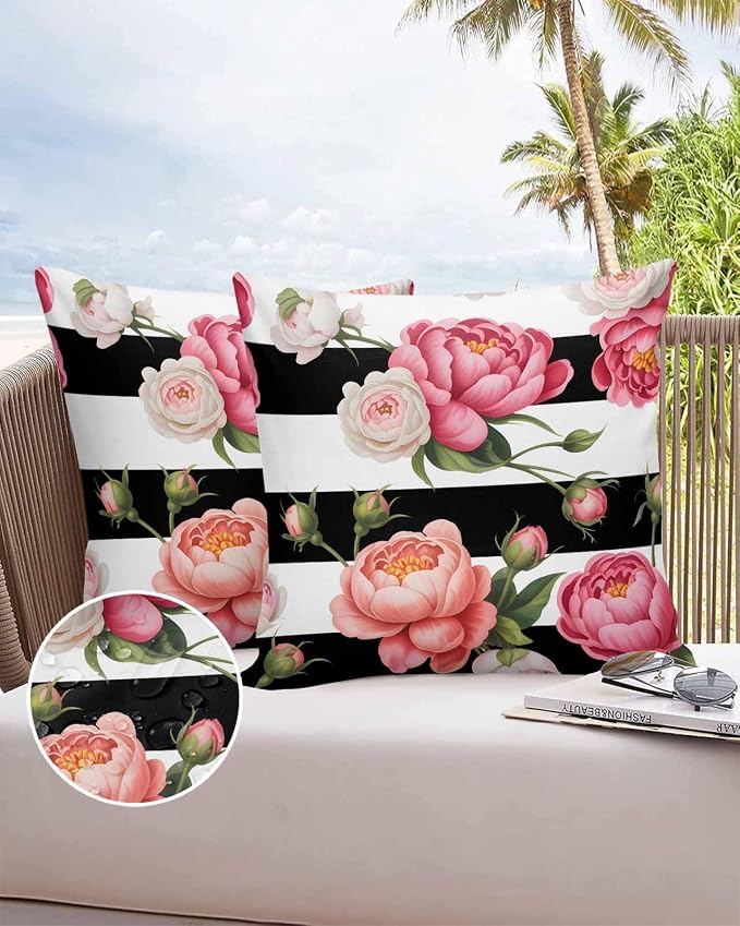 Outdoor Waterproof Throw Pillow Covers Set of 2 Pink Peony Rose Pillowcases 16x16 Inches Floral Black Stripes Decorative Pillows Cushion Case Patio Pillows for Couch Bed Chair Garden
