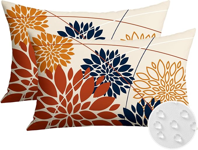 OTOSTAR Outdoor Orange Dark Blue Pillow Covers 16x24 Inch Set of 2 Flower Throw Pillows Farmhouse Geometric Dahlia Floral Lumbar Cushion Case Waterproof Decor for Sofa Patio Funiture Garden