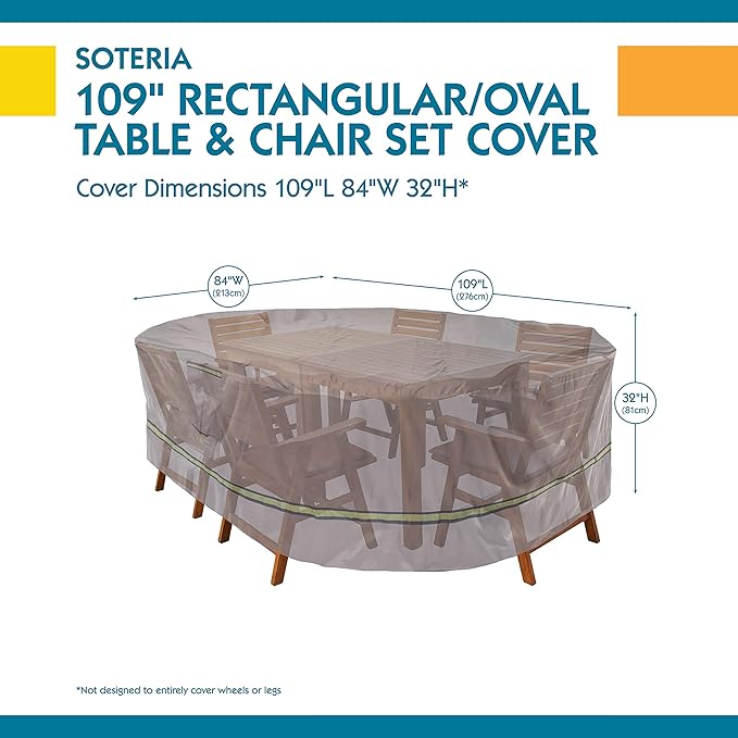 DUCKCOVERS Soteria Waterproof 109 Inch Rectangular/Oval Patio Table with Chairs Cover, Outdoor Table and Chair Cover