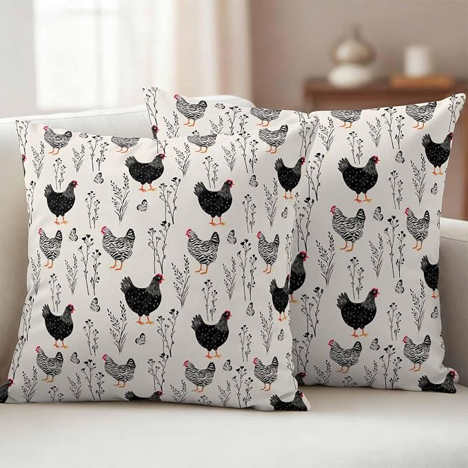 Beige Farm Chicken Outdoor Pillow Covers 20"x20" Set of 2, Country Farmhouse Black White Rooster Flower Leaf Waterproof Throw Pillow Covers for Patio Furniture, Decorative Cushion Covers for Porch