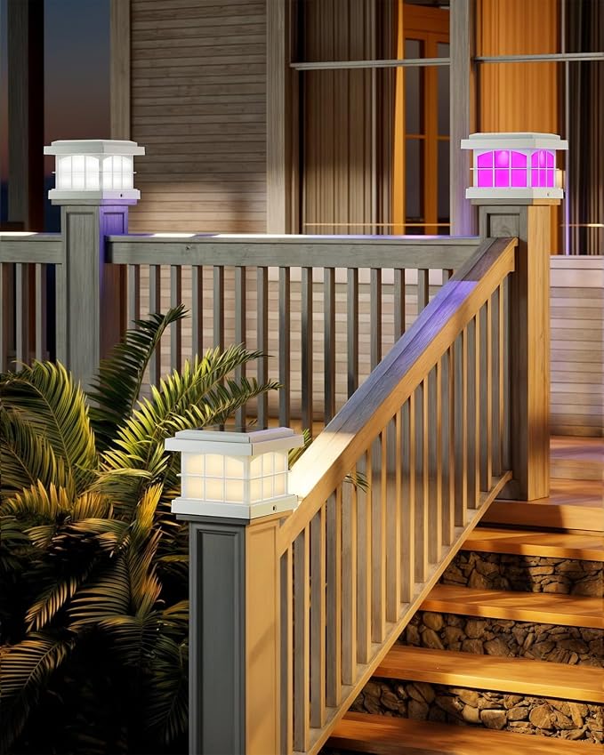 RGBCW Solar Post Cap Lights 8-Pack, 9 Colors 3 Modes Fence Cap Lights, Bright Solar Outdoor Waterproof LED Deck Lighting for Fence Garden Deck Patio Porch Decor 4x4 Vinyl/Wood, White