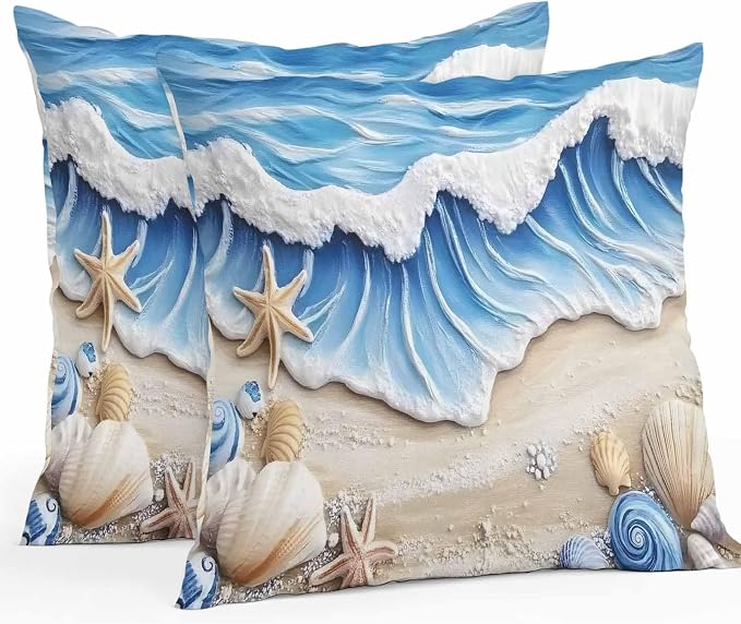 Coastal Beach Waterproof Outdoor Pillow Covers Set of 2 Home Decor, Blue Ocean Starfish Shell Seashore Sand Pillowcase Patio Pillow Covers for Couch Bench Furniture Garden 24x24in