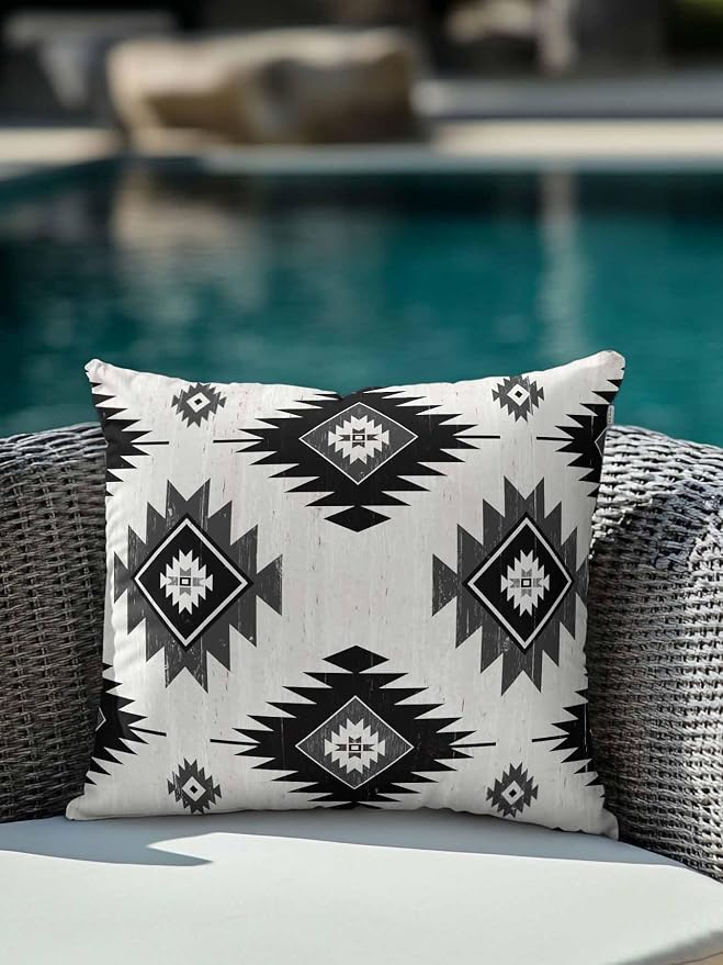 Waterproof Outdoor Pillow 1 Pack Gray Boho Aztec Decorative Throw Pillows Cover & Insert 16x16 Inch Pillowcase Southwest Tribal Style Square Pillows for Couch Sofa Bed Patio Furniture Indoor Outdoor