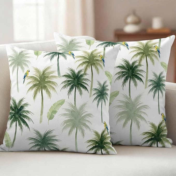 Yukro Summer Palm Tree Parrot Outdoor Waterproof Pillow Covers Pack of 2, Tropical Green Leaf Bird Throw Pillowcases Decorative Cushion Covers for Garden Patio Tent Sofa Couch, 26x26 inch