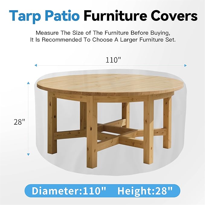 Round Patio Table and Chairs Cover, Outdoor Furniture Set Covers Waterproof,Heavy Duty,UV-Resistant,Windproof,Extra large,110"D×28"H