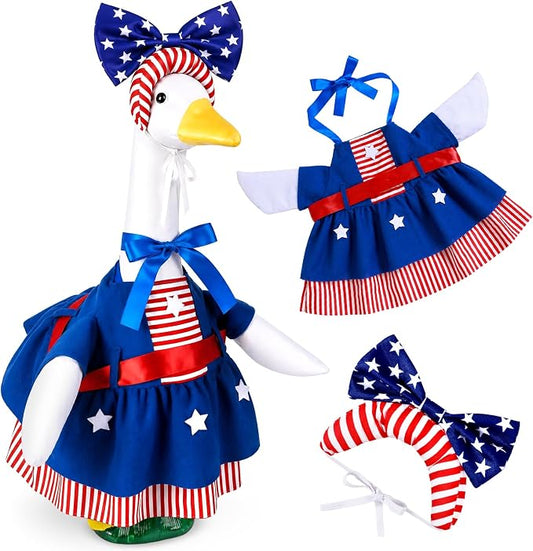 Patriotic Porch Goose Outfit 23 Inch - American Flag Goose Clothes for Lawn Statue, Red White Blue Costume for Memorial Day Veterans Day Decor, Outdoor Garden Patio Yard Decoration