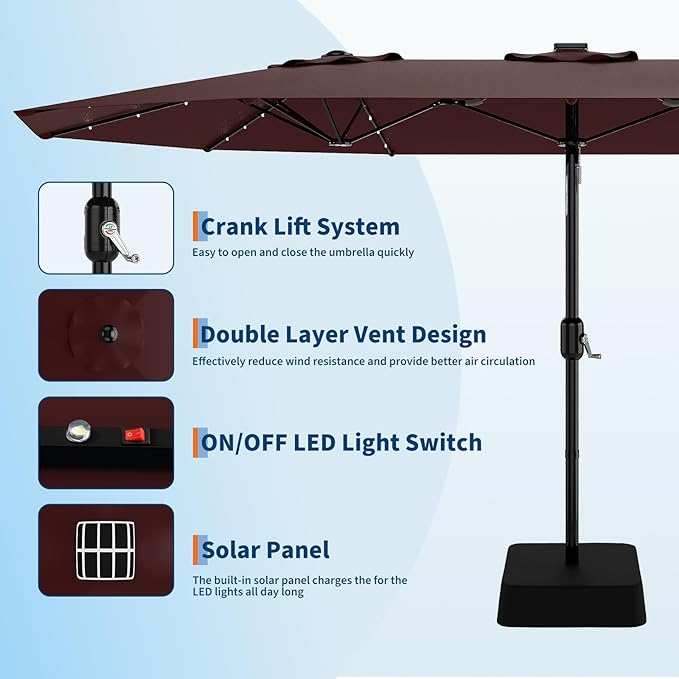 KYBOLT 15 Ft Large Patio Umbrella with Solar Lights, Outdoor Double-Sided Rectangle Umbrella with Base, Outdoor Umbrella for Backyard, Pool, Patio, Burgundy