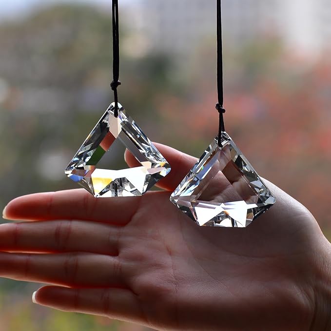 2PCS Diamond Crystal Suncatcher Prisms for Windows (Diamond Clear) | Clear, Transparent, K9 Glass, Rainbow Maker, with Hooks & Cord