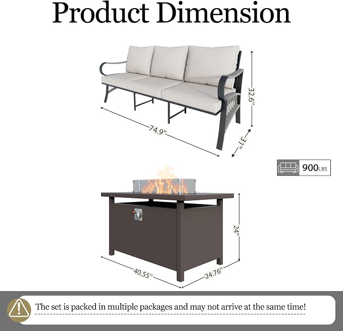 Outdoor Furniture Set, Patio Conversation Set Include 2 x 3-Seater and Fire Pit Table for Deck, Porch, Garden, Backyard, Poolside (Beige, 3-Piece)