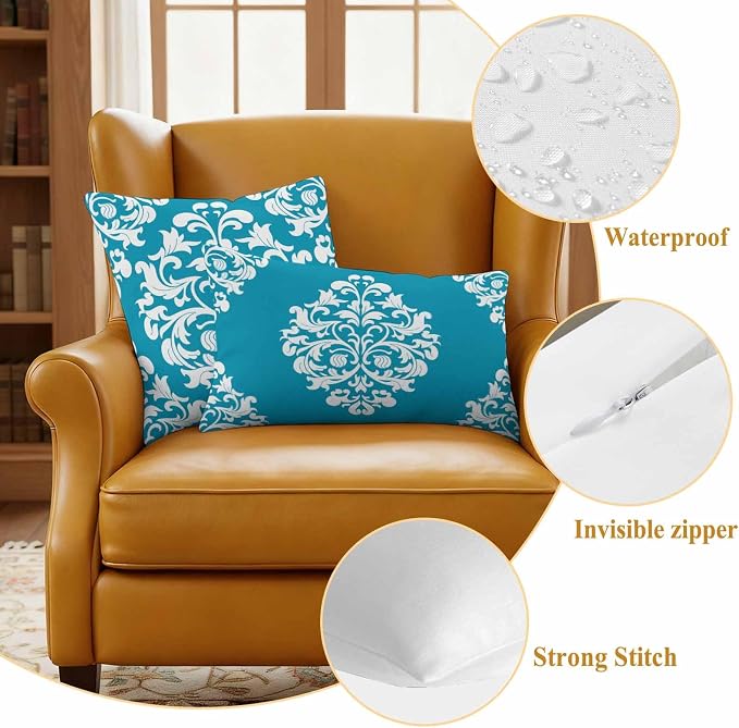 Outdoor Pillow Covers Set of 2, Abstract Minimalist Boho Blue Flower Decorative Throw Pillow Covers 20X12IN, Aesthetic Art Throw Pillows Protector Cushion Case for Patio,Couch,Sofa,Garden