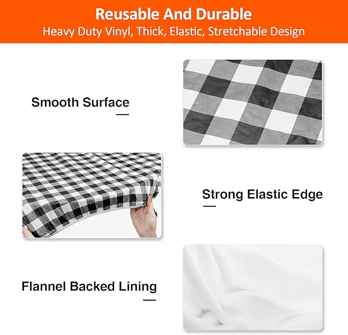KENOBEE 5ft Picnic Table and Bench Cover, Camping Essentials RV Gear, 60 in Waterproof Windproof Outdoor Elastic All Around Tablecloth, Fitted Rectangle Tables and Seats, Black-White Checkered