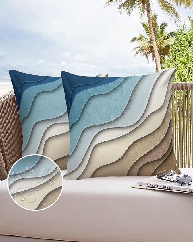 Modern Geometric Outdoor Waterproof Pillow Covers for Patio Furniture Decorative Throw Pillow Cover Blue Brown Abstract Ocean Wave Pillowcases Set of 2 Cushion Case for Sofa Couch 18 x 18 Inches