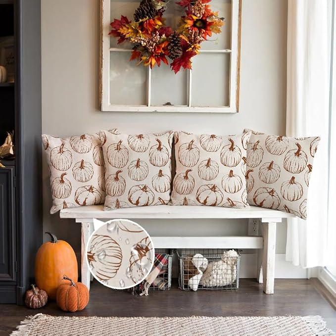 RABUSOFA Fall Pillow Covers 20x20 inch Set of 2 Outdoor Waterproof Fall Decorations Orange Lines Pumpkin Decor White Autumn Cushion Covers Thanksgiving Decoration for Home Couch