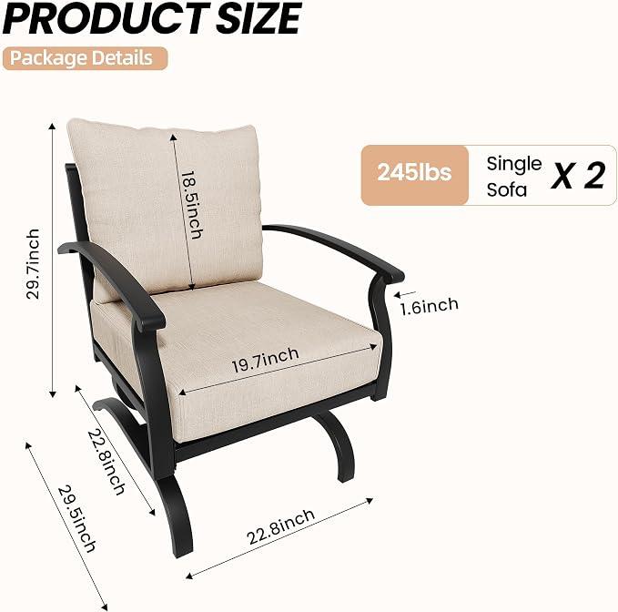 Metal Patio Furniture Set,2 Pieces Patio Sectional Outdoor Furniture Set with 2 Chairs,Patio Conversation Sets with 5.1" Thickened Cushions,Sand