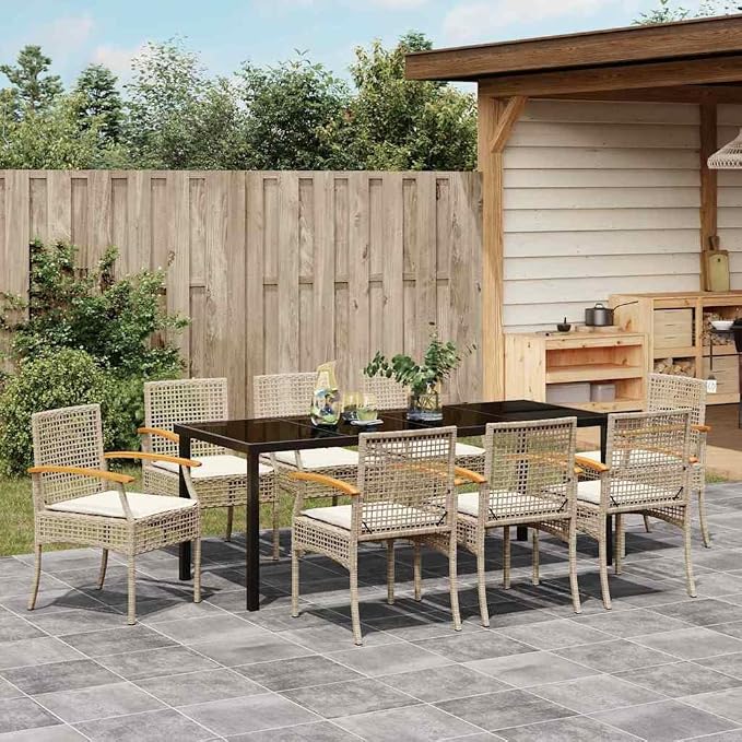 9-Piece Outdoor Garden Dining Set, Patio Rattan Furniture with Cushions, Modern Beige and Black Table and 8 Chairs for Backyard Terrace
