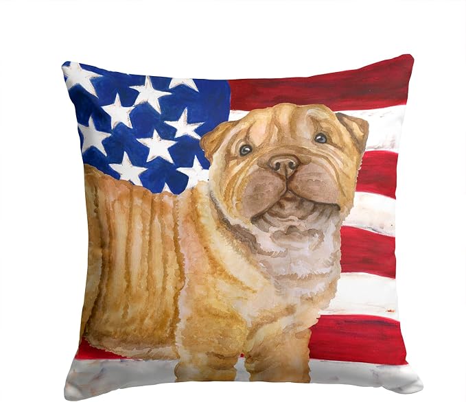 Caroline's Treasures BB9719PW1414 Shar Pei Puppy Patriotic Fabric Decorative Pillow Machine Washable, Indoor Outdoor Decorative Pillow for Couch, Bed or Patio, 14Hx14W