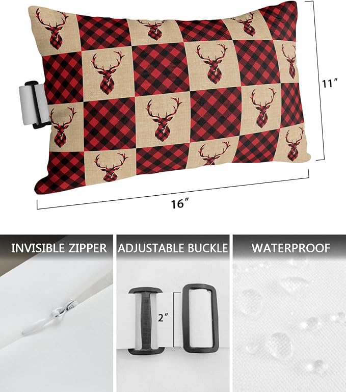 Outdoor Pillows Covers with Inserts Winter Christmas Elk Red and Black Plaid Vintage Waterproof Pillow with Adjustable Strap Throw Pillows for Patio Furniture Recliner Lounge Chair, 11x16 inch, 1PCS