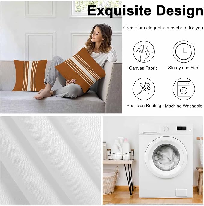 Burnt Orange Beige Striped Outdoor Pillow Covers 24x24 Inch Throw Pillow Covers Set of 2 Waterproof Decorative Pillow Cases Modern Farmhouse Retro Lines Cushion Covers for Patio Furniture Garden Couch