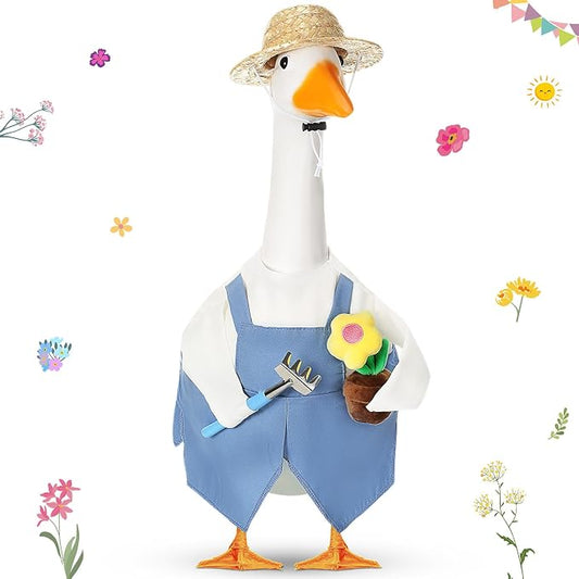 FuWeave Gardener Porch Goose Outfit Flower Goose Clothes for 23" Large Statue Outdoor Spring Summer Garden Yard Lawn Art Decoration, Overalls Gardener Gardening Enthusiast