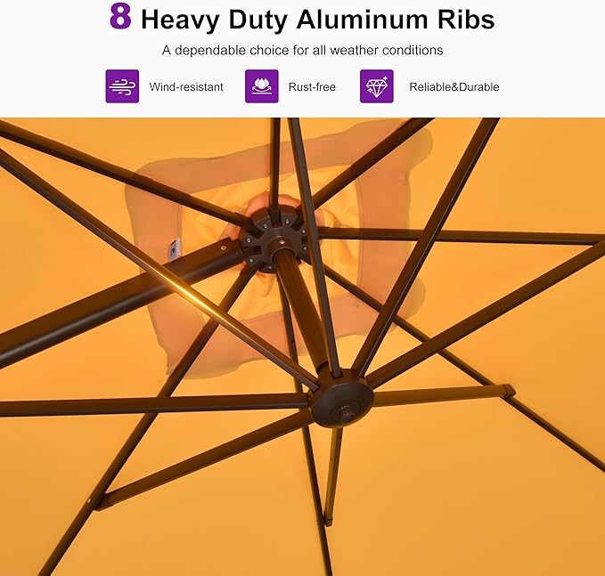 PURPLE LEAF 10' X 10' Patio Cantilever Umbrella with Base Included Antique Bronze Square Outdoor Umbrella with 360° Rotation and Aluminum Offset Hanging for Garden Backyard Pool, Yellow