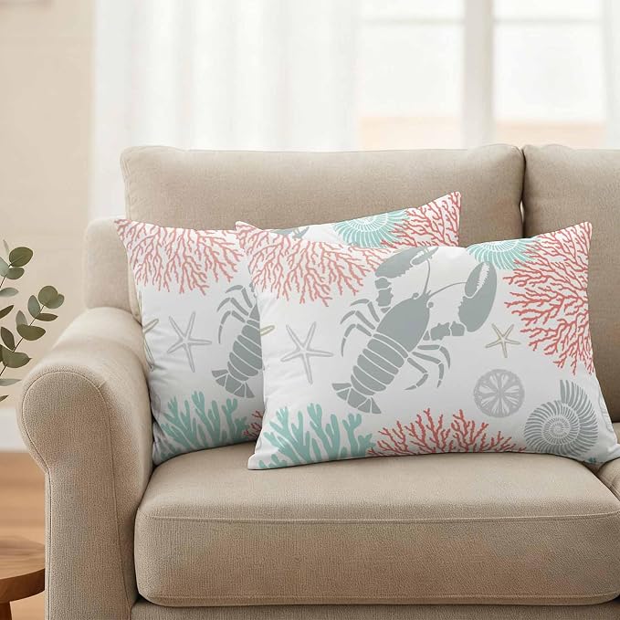 Teal Red Coastal Waterproof Outdoor Pillow Covers Set of 2 Home Decor Summer Lobster Coral Nautical Pillowcase Patio Pillow Covers for Couch Bench Patio Furniture Garden 20x12in