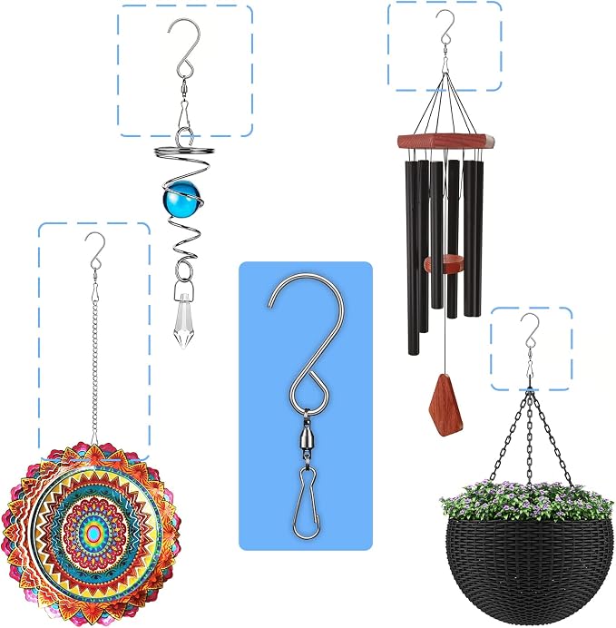 12 Pack 360 Swivel Hooks with 12.9in Extended Chain for Wind Spinner | Tsocent Heavy Duty Rotating Hooks for Wind Chimes Windsock Crystal Twisters, Outdoor Metal Hanging Parts