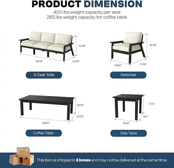 8 Piece Patio Furniture Set, HDPE Sectional Sofa Seating for 7, Includes 3-Seat Sofa, Loveseat, 2 Armchairs, Coffee Table, All-Weather Outdoor Conversation Set with Olefin Fabric, Black/Khaki