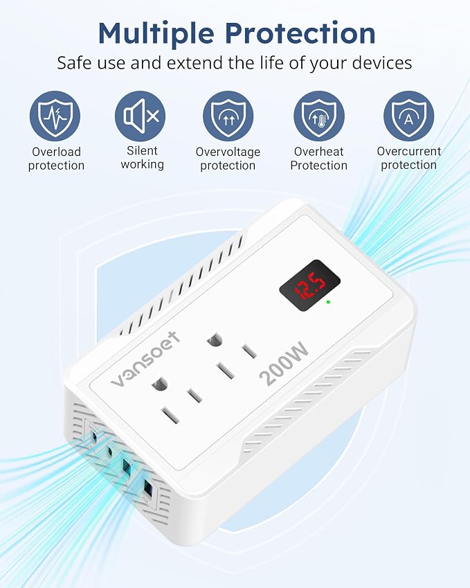 200W Car Power Inverter DC 12V to 110V AC Converter with [PD 30W & 15W] Fast Charging USB C/3.0A Dual USB Charging Ports, Car Outlet Adapter for Phone, Laptop on Road Trip (White)