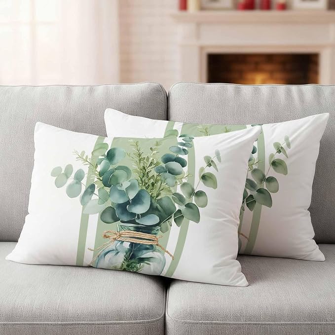 Sage Green Eucalyptus Leaves Outdoor Pillow Covers 20x12 Inch Lumbar Pillow Covers Set of 2 Waterproof Decorative Throw Pillow Cases Farmhouse Stripe Botanical Cushion Covers for Patio Furniture