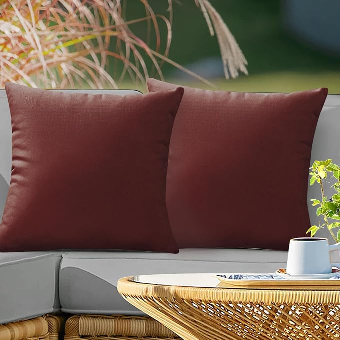 VAKADO Outdoor Waterproof Throw Pillow Covers 18X18 Set of 2 Decorative WineRed Patio Furniture Cushion Cases Outside Decor for Couch Garden Bench Porch