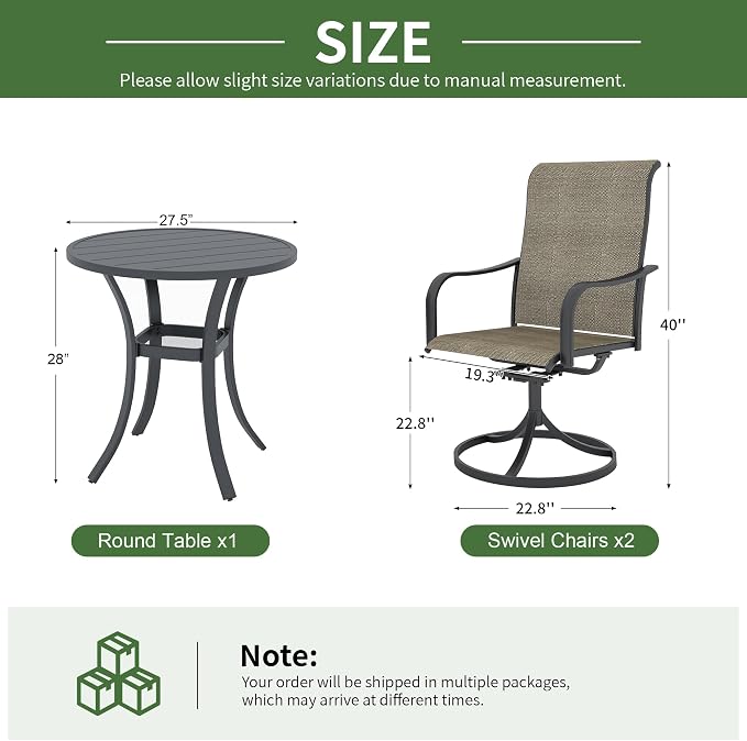 Anmutig 3-Piece Outdoor Patio Dining Set, 27.5" Black Round Table with 2 Swivel Rocking Patio Chairs Furniture Set for Kitchen Garden, Backyard, Light Tan