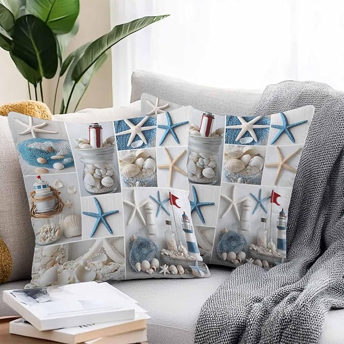 Summer Coastal Grid Outdoor Pillow Covers Set of 2, Ocean Starfish Lighthouse Pearl Decorative Waterproof Throw Pillowcase Nautical Cotton Linen Soft Cozy Cushion Cover Pillowsham 20x20In