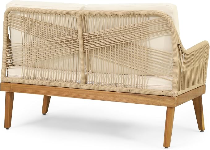 VilroCaz 4-Pieces Acacia Wood Patio Furniture Set, All-Weather Outdoor Patio Conversation Set with Coffee Table and Soft Cushions, Rope Weave Porch Chairs for Garden Backyard Porch Balcony