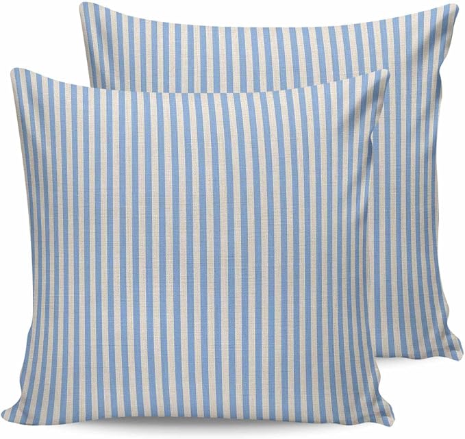 Outdoor Waterproof Throw Pillow Covers Set of 2 Blue Stripes Pillowcases 16x16 Inches Linen Classic Vertical Striped Patio Decorative Pillows Cushion Case Patio Pillows for Couch Bed Chair Garden