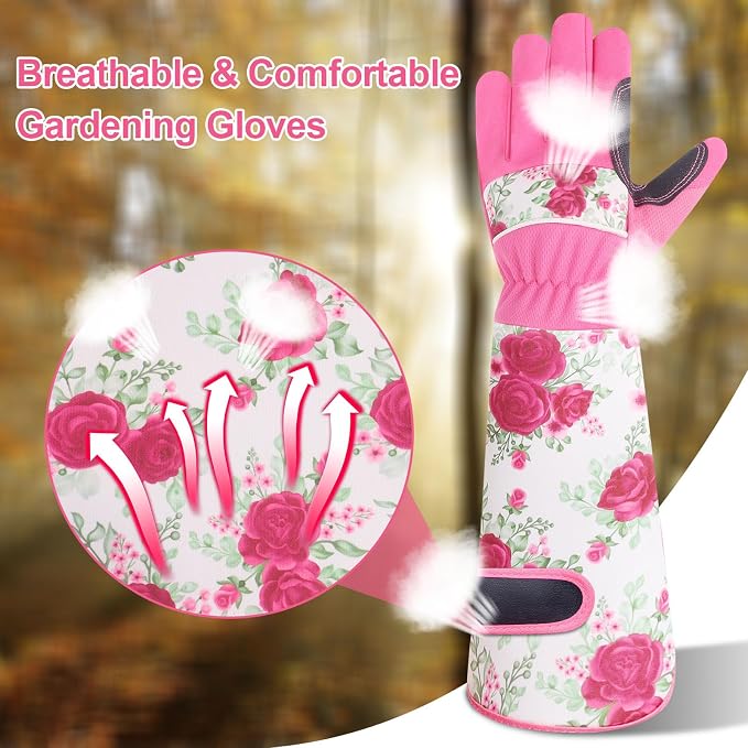 DLY Garden Gloves for Women,Gardening Gloves,Garden Gift for Lady,Blue,XL | Lightweight Microfiber Leather, Breathable Long Cuff, 3-Finger Touchscreen, Pink Rose Print, Pruning, Planting & Yard Work