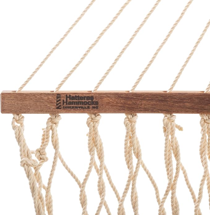 Hatteras Hammocks Large Oatmeal DuraCord Rope Hammock – 13 ft. x 55 in., 2-Person, 450 lb Capacity, Cumaru Spreader Bar, Zinc-Plated Hardware – Handcrafted in The USA