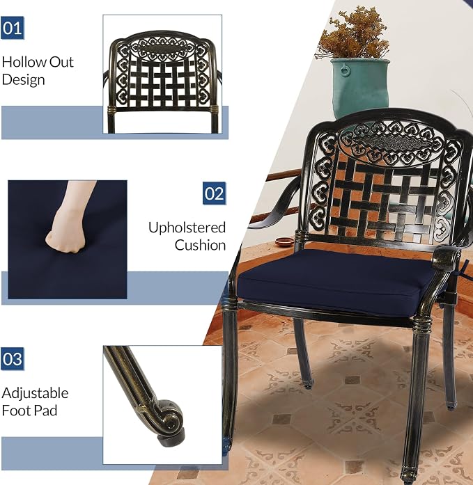 9-Piece Patio Cast Aluminum Dining Set, Outdoor Table and Chairs Set for 8, Includes 94.5" Rectangular Dining Table and 8 Cushioned Chairs with Umbrella Hole for Lawn Garden, Navy Blue