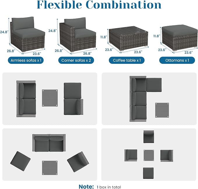 5 Pieces Outdoor Patio Furniture Set, Patio Sectional Furniture Set, All-Weather Wicker Rattan Patio Conversation Set with Washable Thick Cushions and Coffee Table, Outdoor Patio Sofa Couch Set, Grey