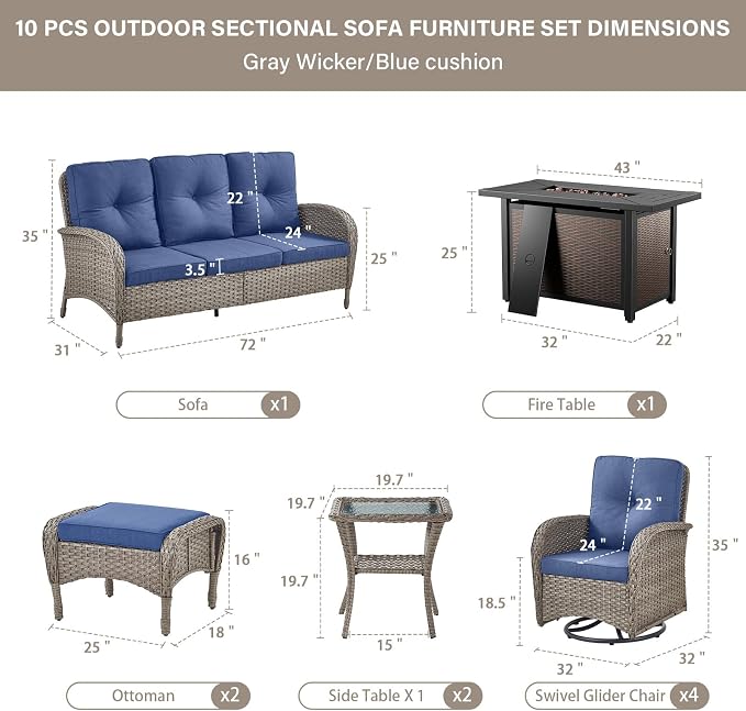 Belord Expansive 10 Pieces Outdoor Patio Furniture Set with 43” Propane Fire Pit Table, Patio Conversation Set with Swivel Rocker Outdoor Chairs Set of 4 and Sofa, Ottoman and Wicker Side Table