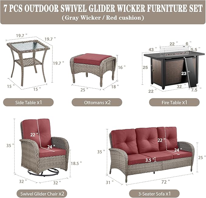 Belord 8 Piece Patio Furniture Set with 50000 BTU Propane Fire Pit Table, Outdoor Conversation Set with 2 Swivel Rocker Chairs Wicker Sofa and Ottomans for Casual Gatherings Red Cushion