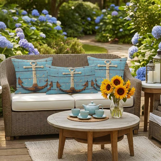 Vintage Anchor Waterproof Outdoor Pillow Covers Set of 2 Home Decor, Coastal Nautical Blue Brown Wooden Pillowcase Patio Pillow Covers for Couch Bench Furniture Garden 20x12in