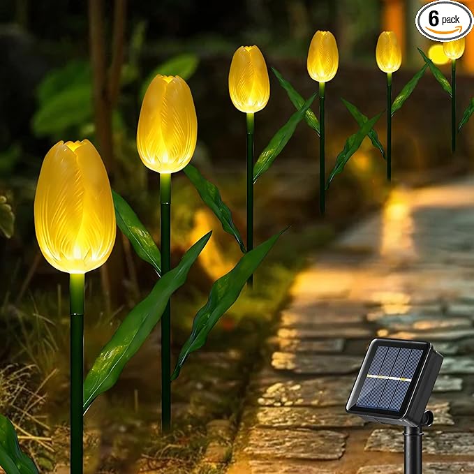 Outdoor Solar Lights Waterproof - 6PACKS Brighter Tulip Flowers with Garden Gifts Stake Lights Decor,Yard Decorations,Artificial Flower Gifts for Mom,Party,Home,Cemetery Grave Decor Yellow