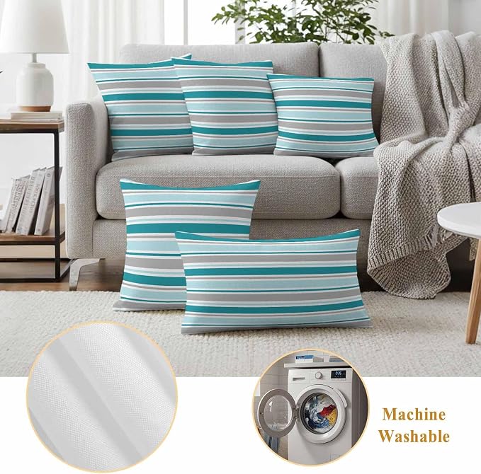 Grey Blue Striped Outdoor Pillow Cover 12x20 Inch Cushion Sham Case, Farmhouse Stripes Modern Abstract Art Waterproof Decorative Square Throw Pillowcase for Outside Garden Patio Porch Couch Chair Tent