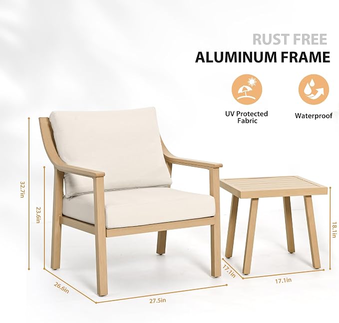 3-Piece Patio Conversation Set Aluminum for Outdoor Porch, Deck,(Beige) | All-Weather Aluminum Outdoor Conversation Set 1 Side Table and 2 Cushioned Armchairs rustproof