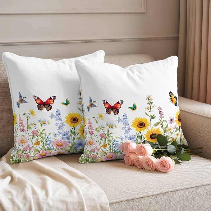 Colorful Florals Outdoor Waterproof Throw Pillow Covers Set of 2, 20"x20", Sunflower Daisy Butterfly Farm Botanical Decorative Pillow Covers Outside Cushion Case for Patio Porch Garden